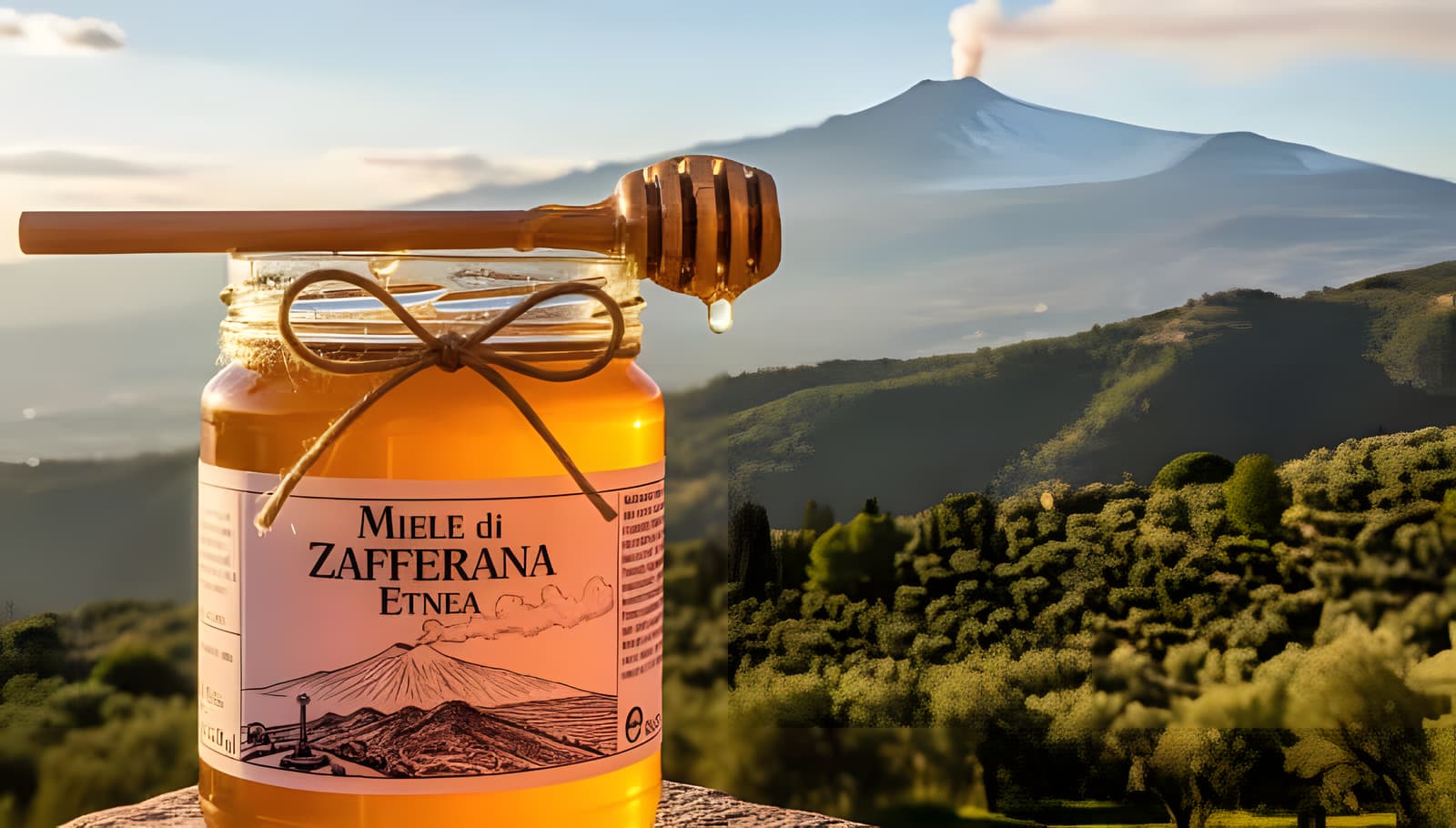 Etna honey from Zafferana Etnea with Mount Etna in the background