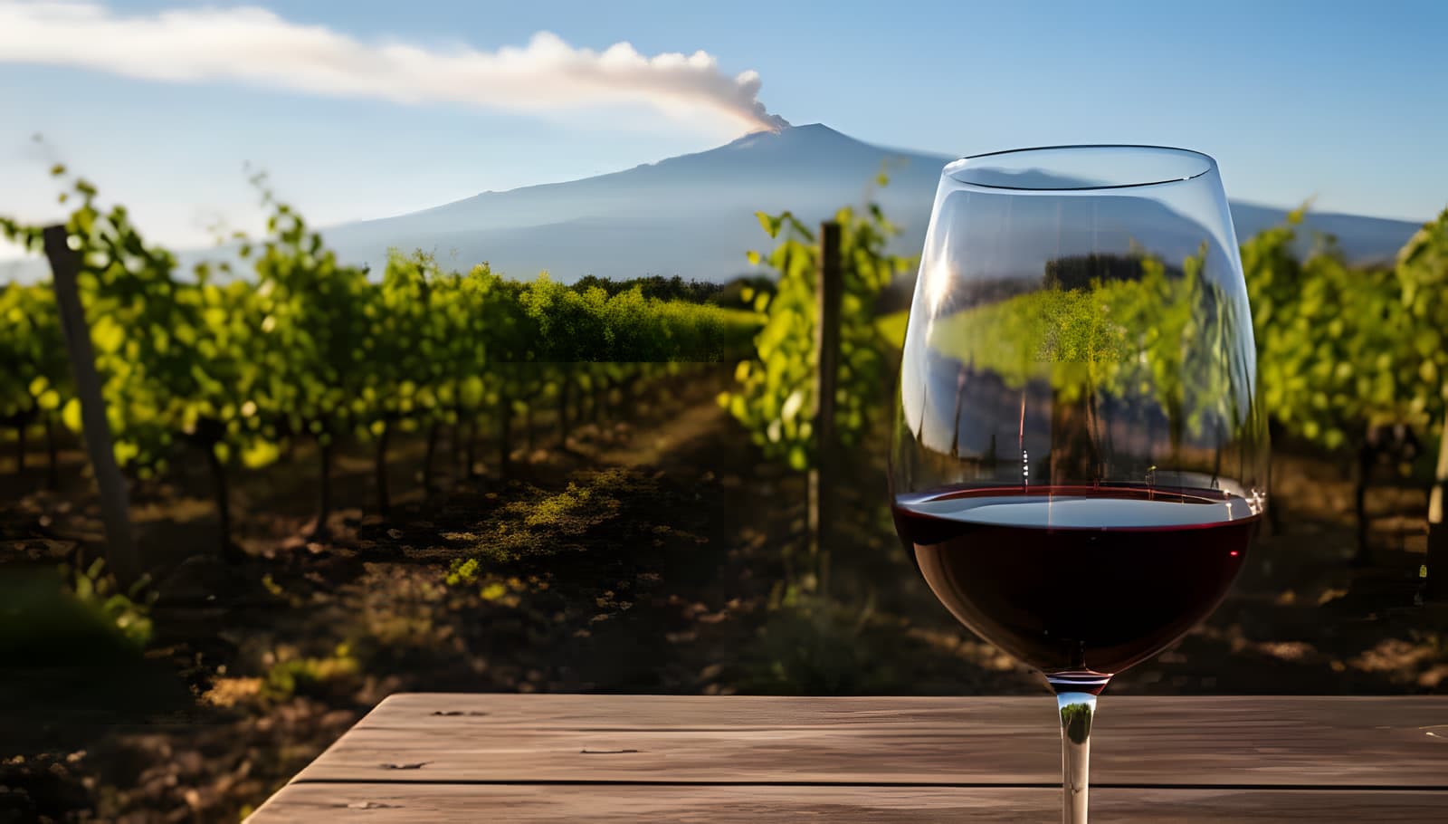 Glass of Etna red wine with vineyards and smoking Mount Etna in the background