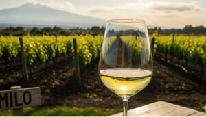 Glass of Etna Bianco Superiore white wine in Milo vineyards with Mount Etna in the background